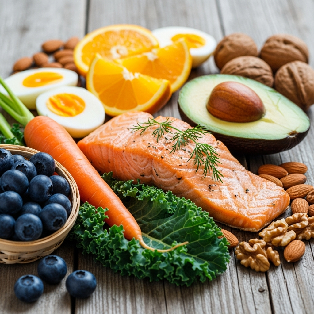 A vibrant, close-up shot of various eye-healthy foods arranged aesthetically on a rustic wooden table. Include blueberries, carrots, kale, salmon, avocados, oranges, and eggs. The lighting is soft and natural, emphasizing freshness. No text on the image. 지친 눈에 활력을! 시력 보호를 위한 눈 건강 필수 음식 7가지