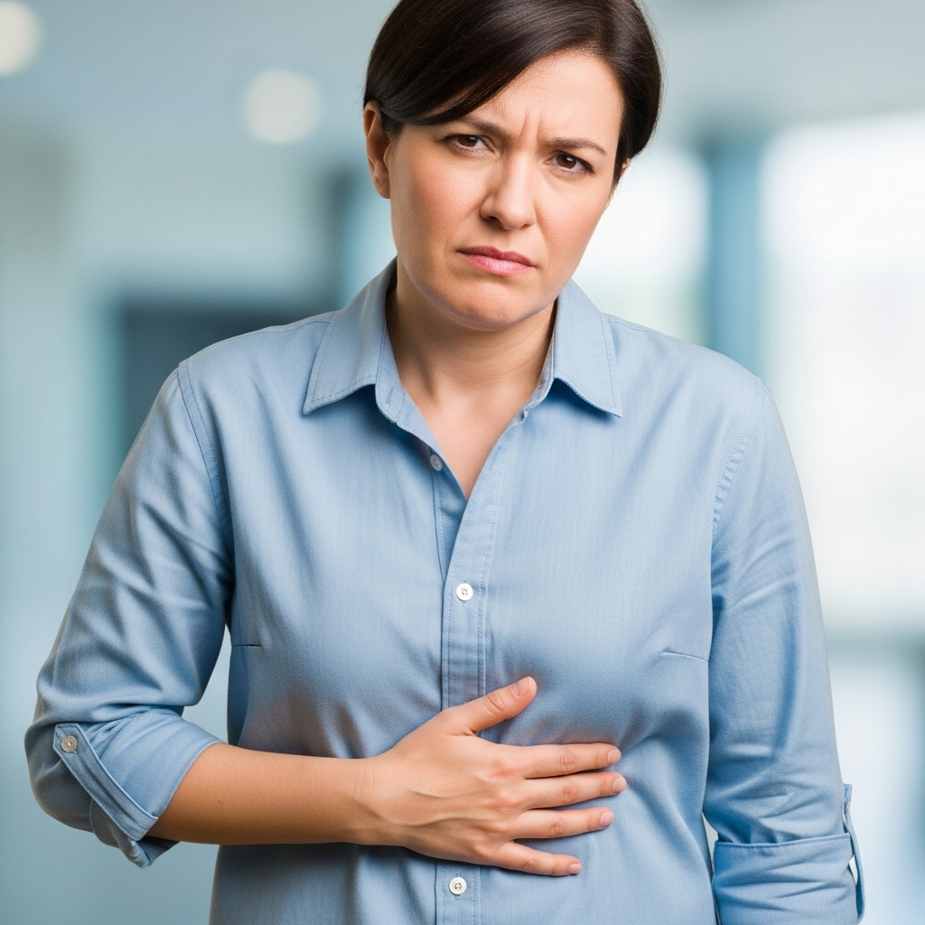 A person experiencing stomach discomfort, holding their abdomen with a slightly pained expression. The background is soft and blurred, with muted blue and green colors. Realistic, not cartoonish. Focus on conveying mild discomfort. 갑자기 설사 원인 5가지! 꼭 피해야 할 최악의 음식 5가지