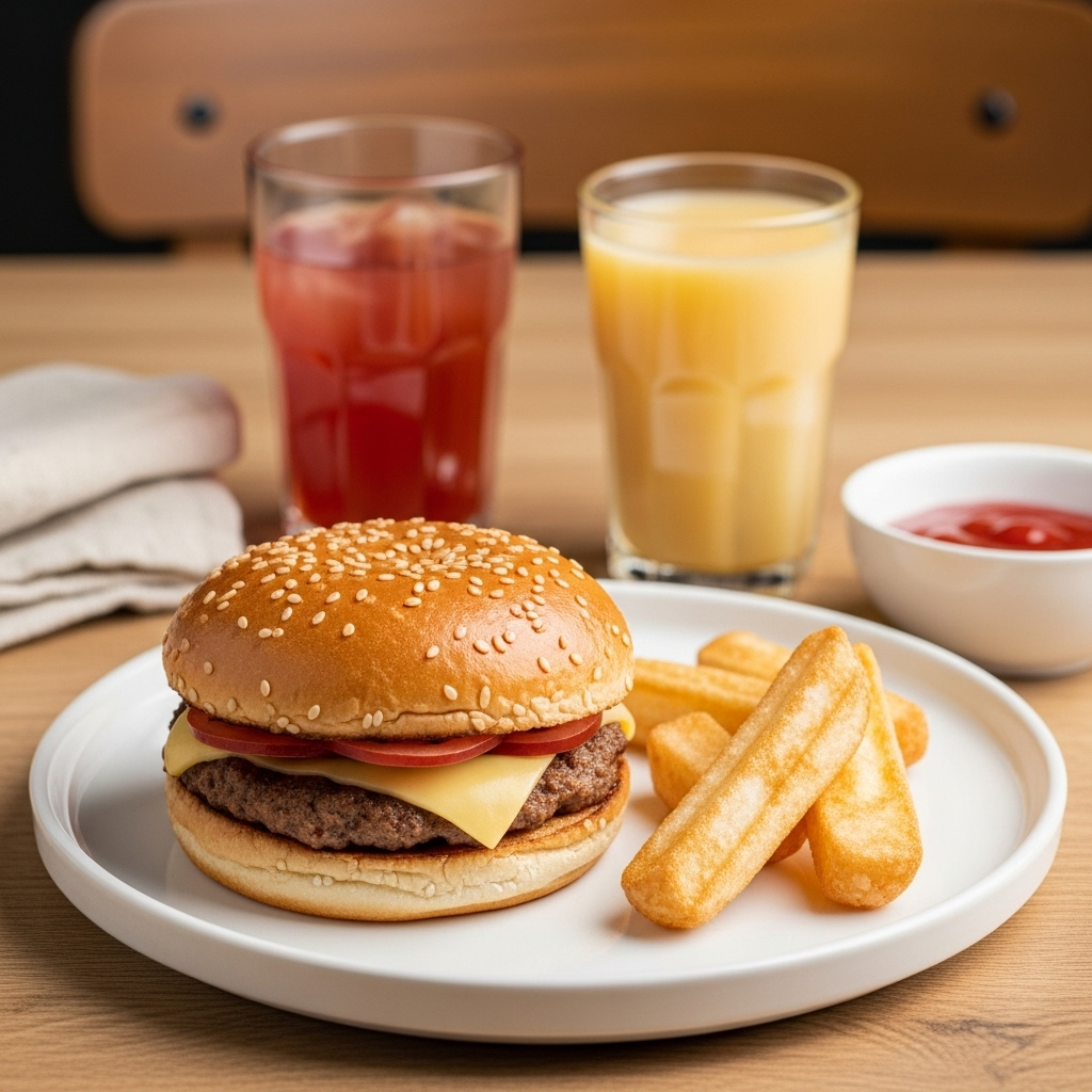 A clear image showing various "avoid" foods for an upset stomach, crossed out. Include milk, fried chicken, coffee, fruit juice, and chili peppers. (AI prompt: A collection of foods that should be avoided for an upset stomach, with a red "X" over each. Include a glass of milk, a piece of fried chicken, a coffee cup, a carton of fruit juice, and a chili pepper. The style is clean and illustrative, with a focus on clear recognition of each food item. No text on image.)