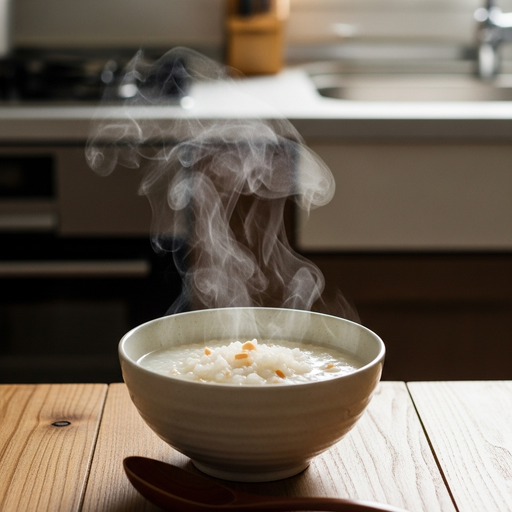 A bowl of warm rice porridge with soft texture, steam rising from the bowl, placed on a wooden table with gentle natural lighting, cozy kitchen atmosphere 급체했을때 먹으면 좋은 음식 7가지와 복통 완화 방법