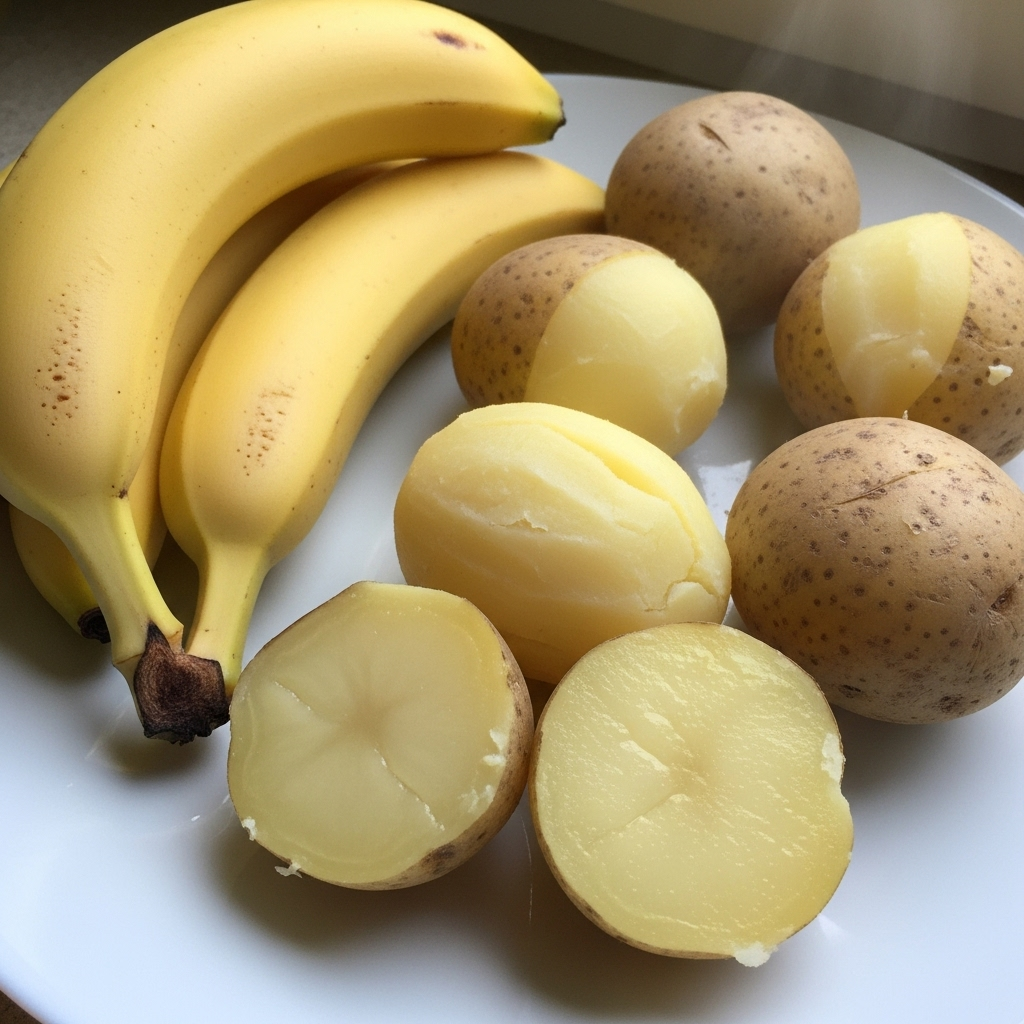 Fresh yellow bananas and boiled potatoes on a white plate, simple and clean presentation, soft natural lighting, healthy food styling