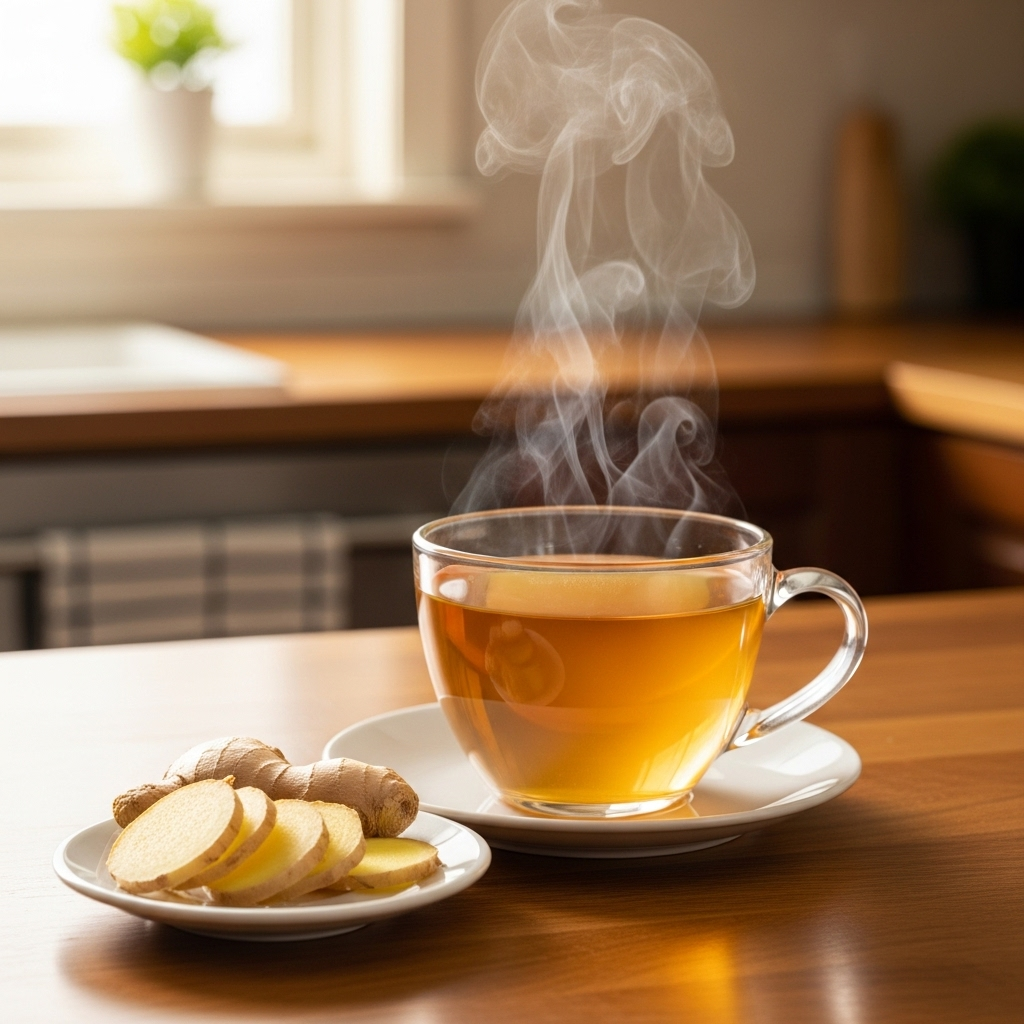 A cup of ginger tea with fresh ginger slices beside it, steam rising from the cup, warm golden lighting, peaceful kitchen setting