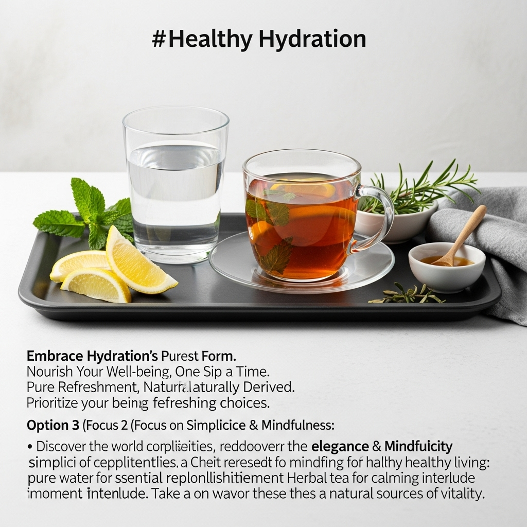 A glass of clear water and herbal tea on a wooden tray, soft natural lighting, clean and minimalist composition, healthy hydration concept