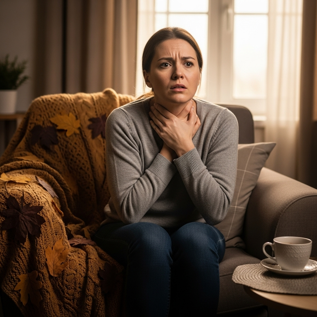 A woman holding her throat, looking uncomfortable, sitting in a cozy home environment with autumn light coming through the window 목이 칼칼하고 간지러울 때 기침, 7가지 원인과 효과적인 관리법