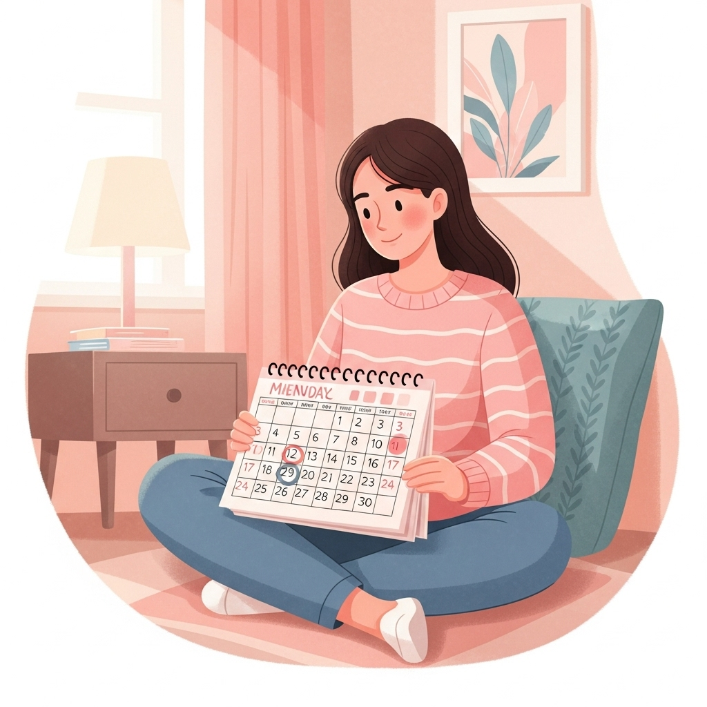A serene illustration of a young woman sitting peacefully in a cozy room, holding a calendar with gentle pink and soft colors, representing menstrual cycle awareness 빨라진 생리 주기 7가지 신호와 해결책