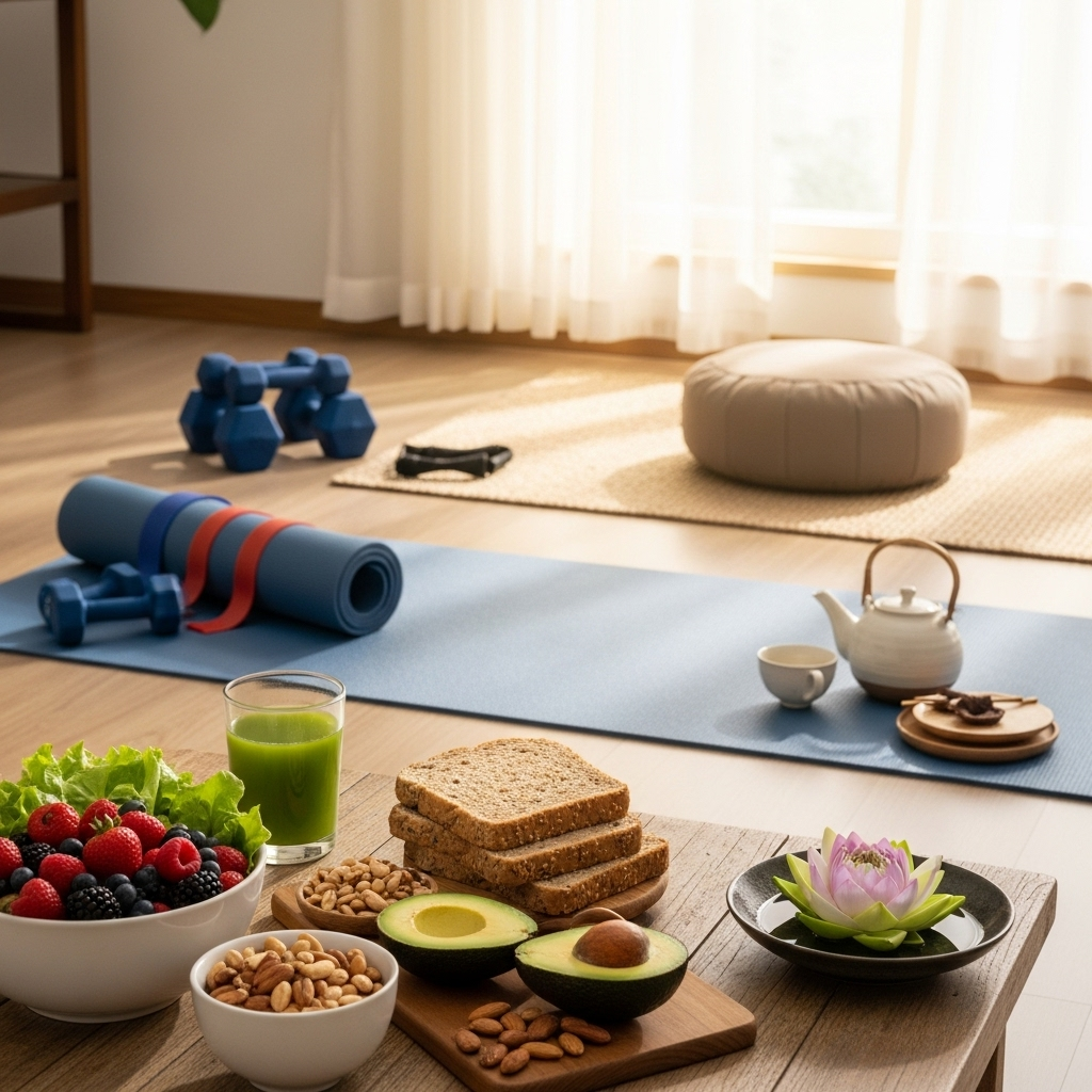 A balanced lifestyle illustration showing healthy foods, exercise equipment, and a peaceful meditation scene with warm natural lighting