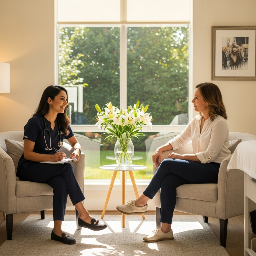 A calm healthcare consultation scene with a female doctor and patient discussing women's health in a bright, comfortable medical office