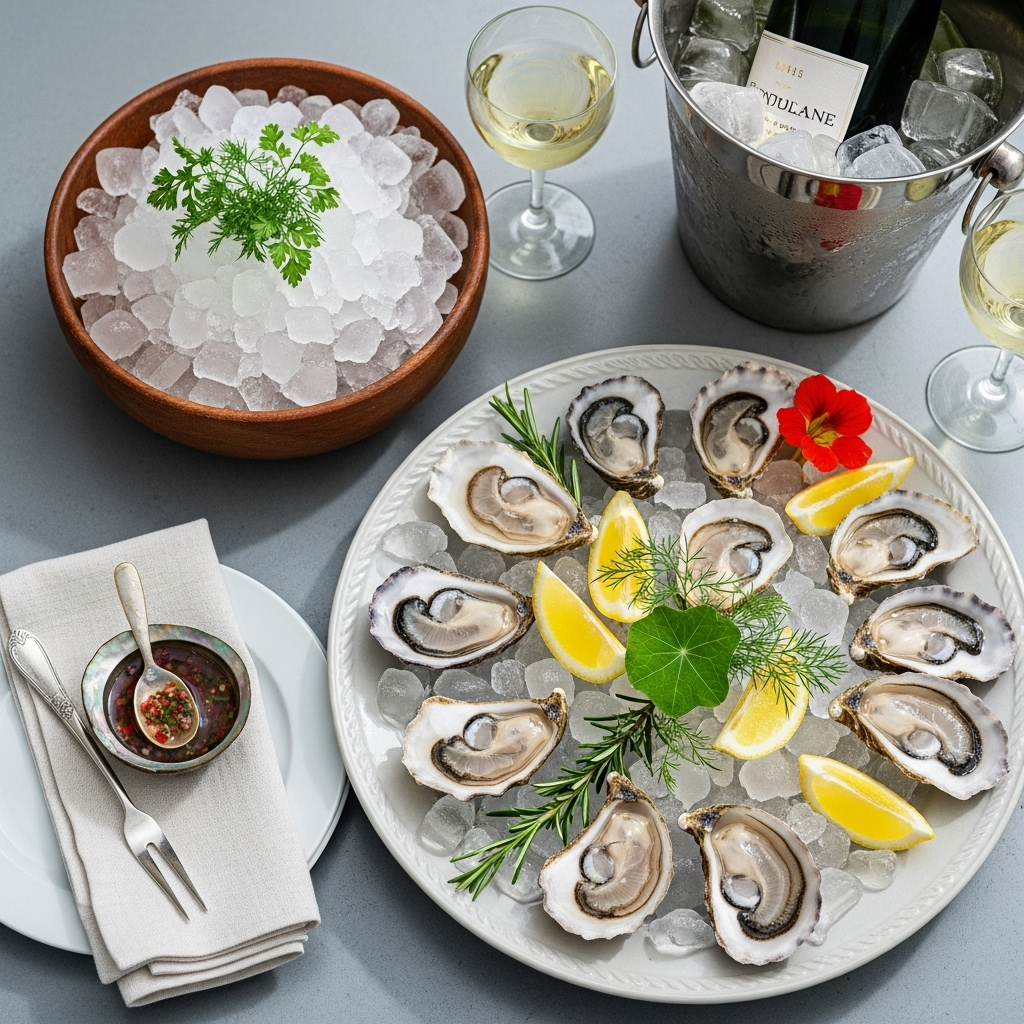 fresh oysters on ice with lemon wedges and fresh herbs, elegant seafood arrangement, no text