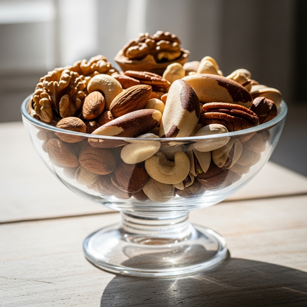 assortment of nuts including walnuts, almonds, and brazil nuts in a glass bowl, soft daylight, natural setting, no text