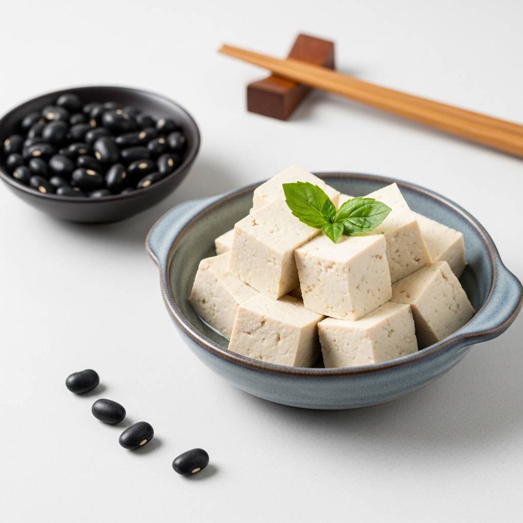 cubes of firm tofu in a ceramic dish alongside black beans and wooden chopsticks, clean background, no text