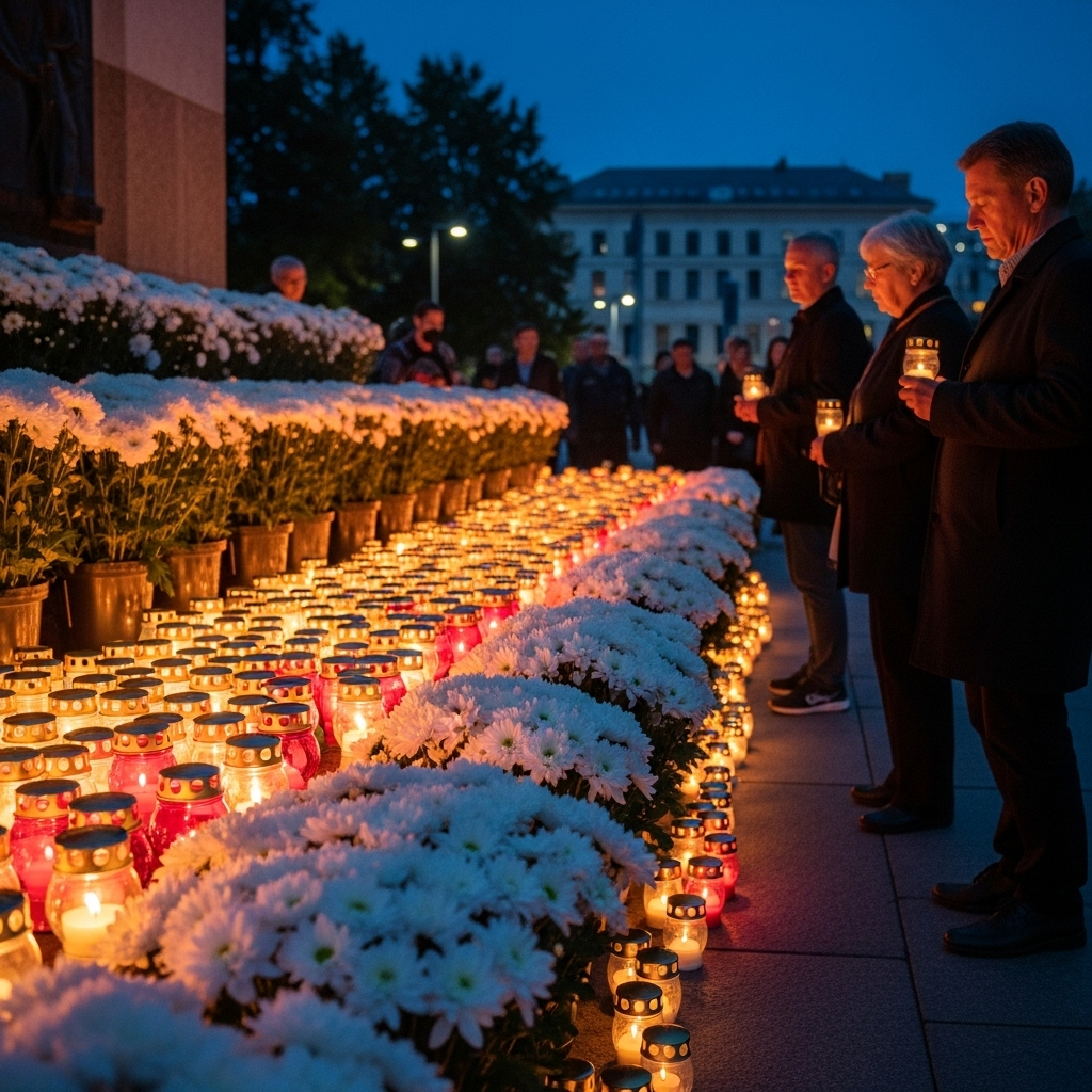 A memorial scene with white chrysanthemums and candles at night, representing remembrance and honor for democracy martyrs, with a peaceful and solemn atmosphere