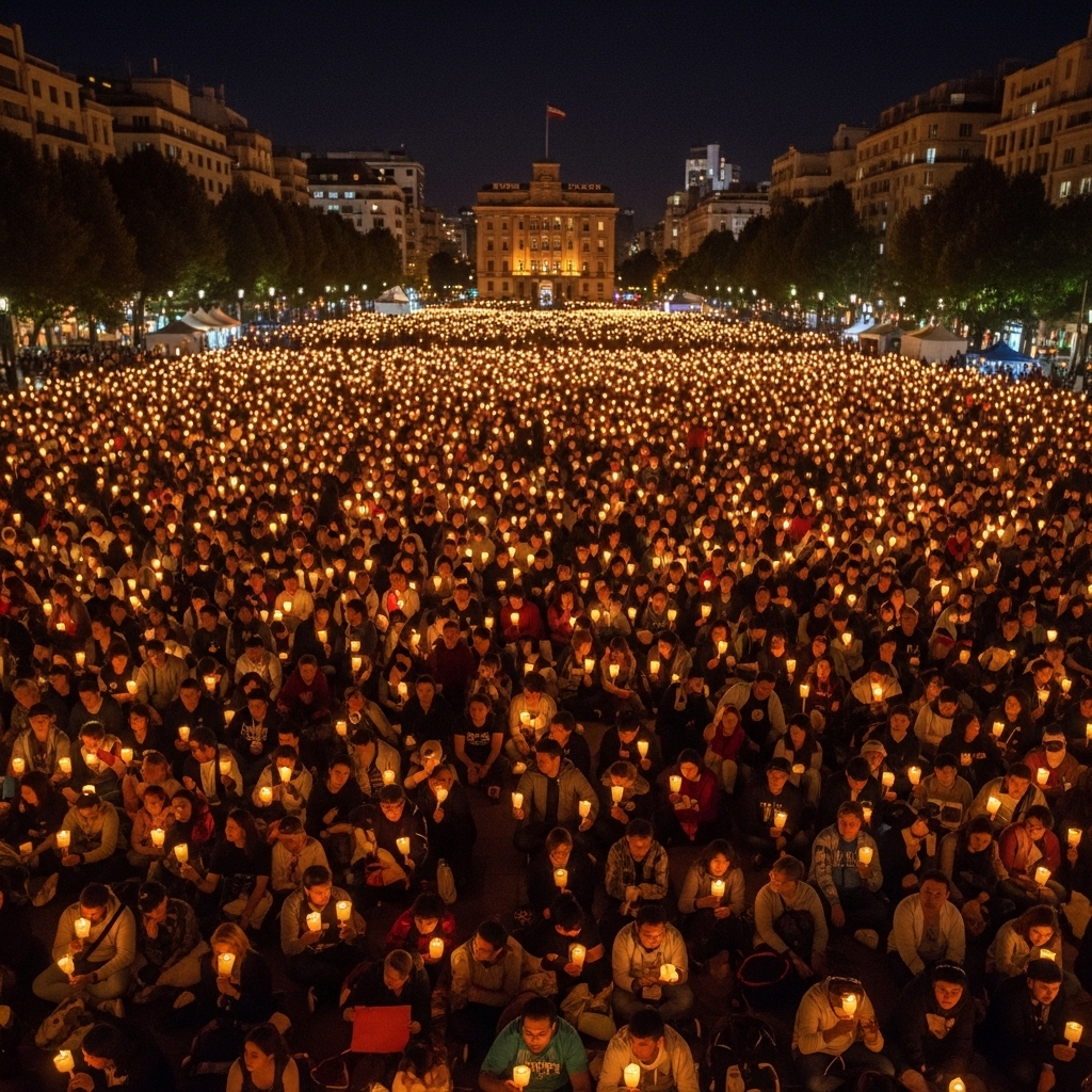 Peaceful candlelight vigil at night with thousands of people holding candles, creating a warm golden glow across a plaza, showing unity and peaceful democratic participation