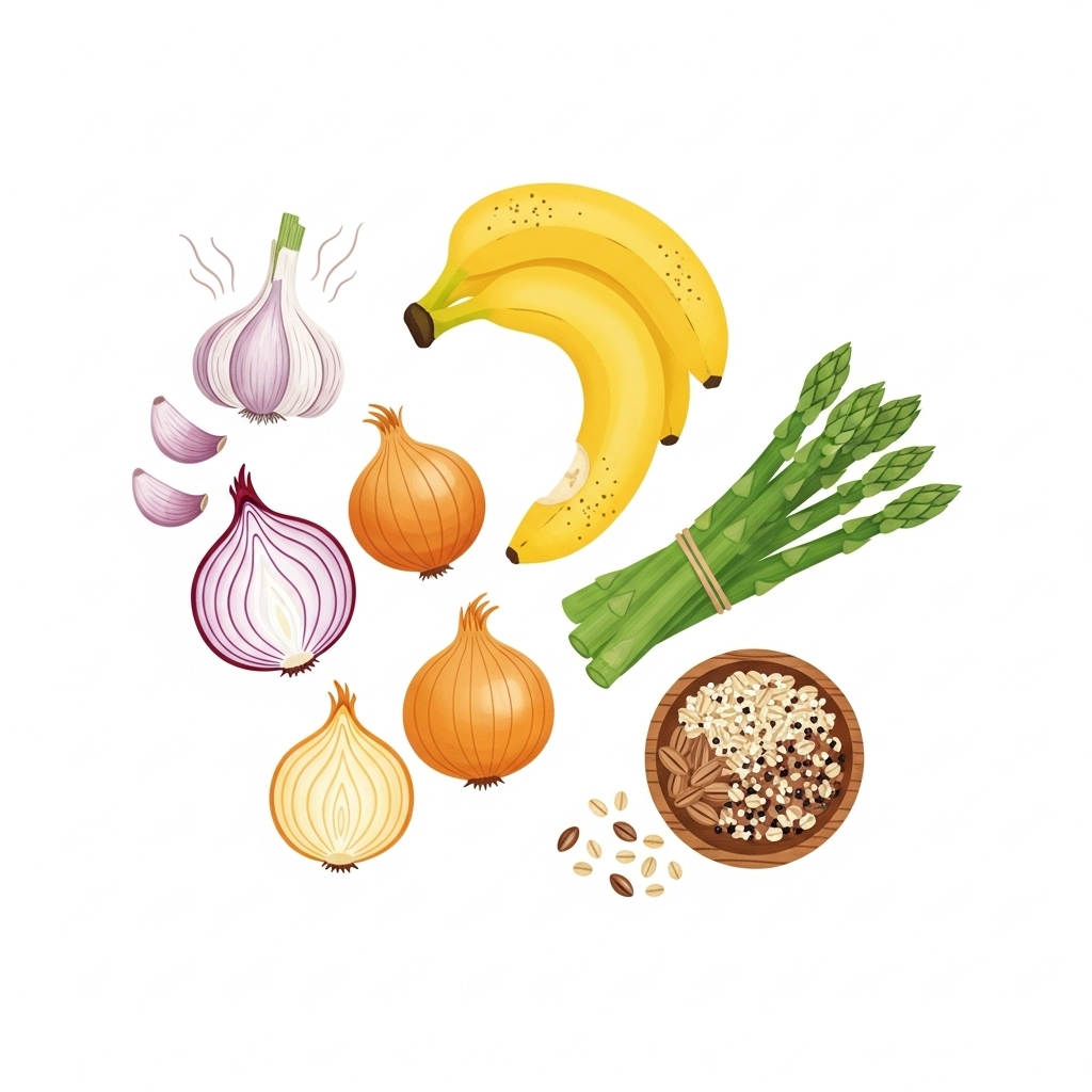 A colorful illustration showing various prebiotic-rich foods including garlic, onions, bananas, asparagus, and whole grains arranged on a clean white background, representing digestive health and wellness 프리바이오틱스의 놀라운 효능 5가지와 주의사항 완벽 정리