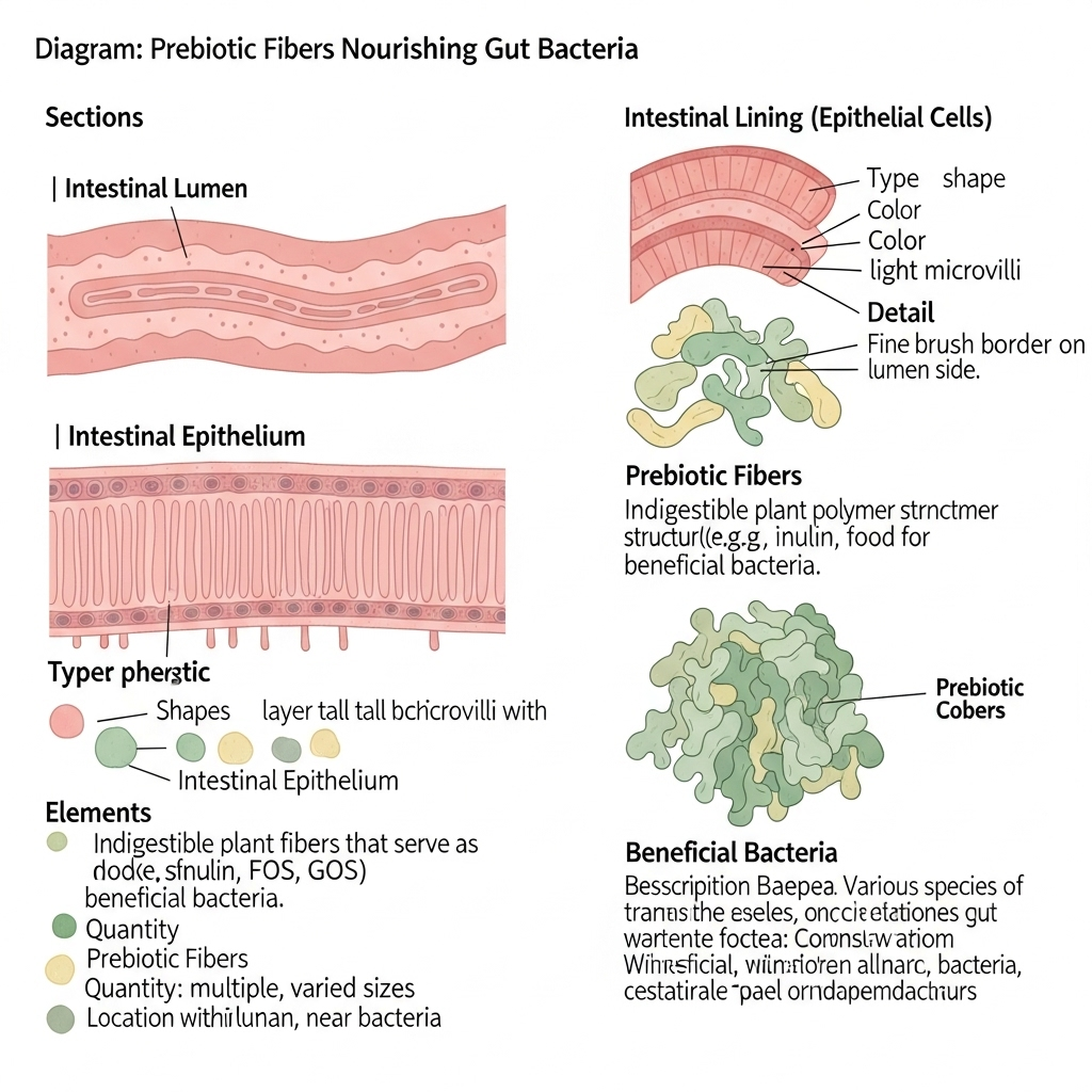 A scientific diagram showing beneficial bacteria in the intestines being nourished by prebiotic fibers, illustrated in soft pastel colors with a medical textbook style