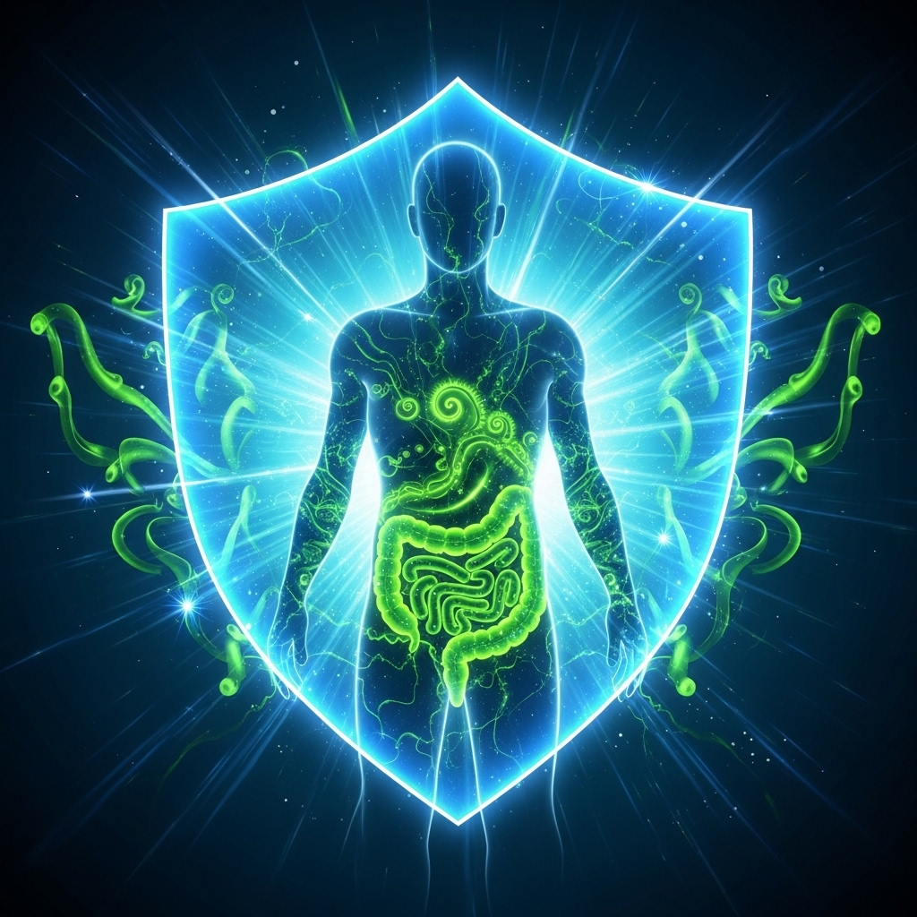 A vibrant illustration of a strong immune system represented by protective shield around human silhouette with healthy gut bacteria, using bright blues and greens