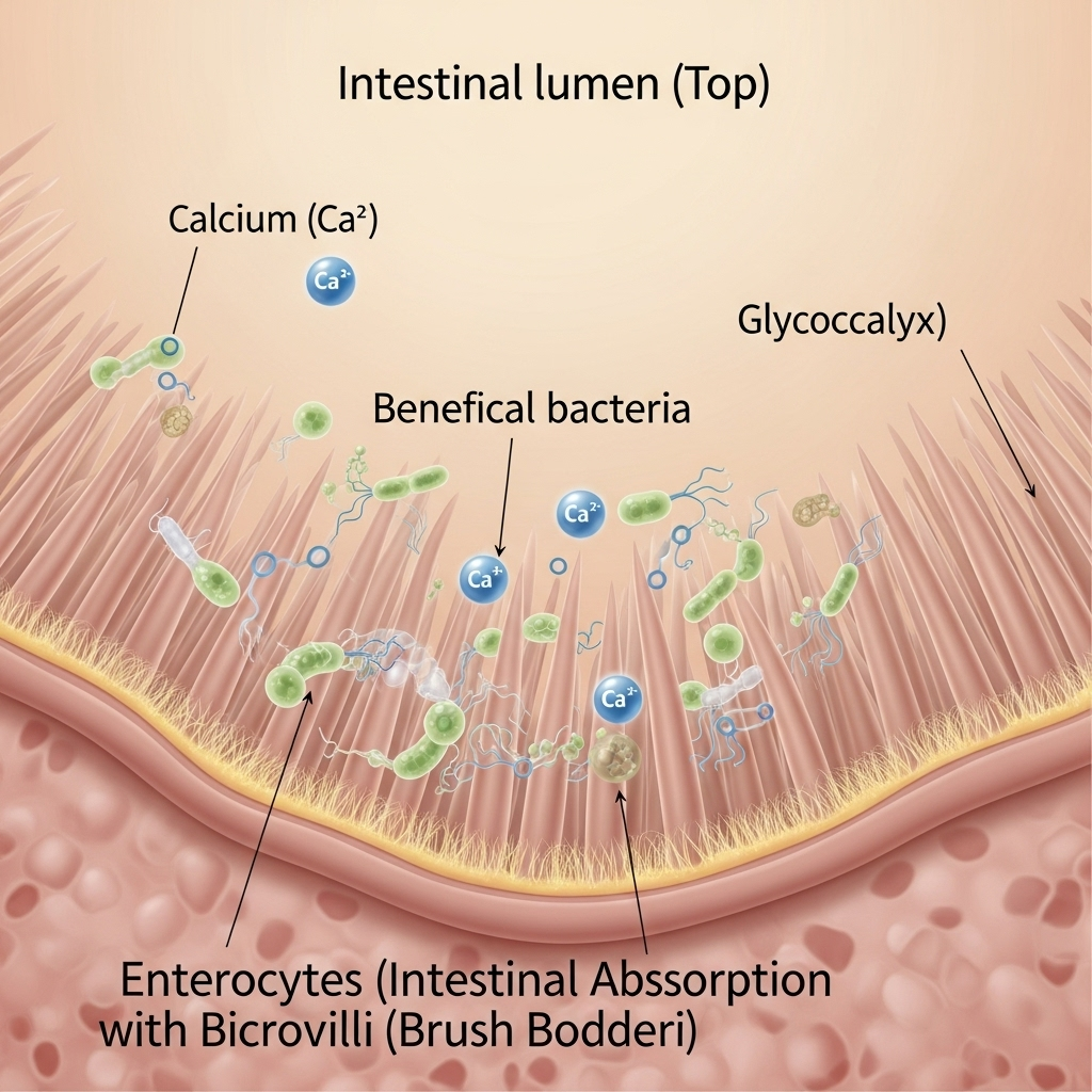 A medical illustration showing calcium absorption in healthy intestines with beneficial bacteria, depicted in soft medical colors with anatomical accuracy