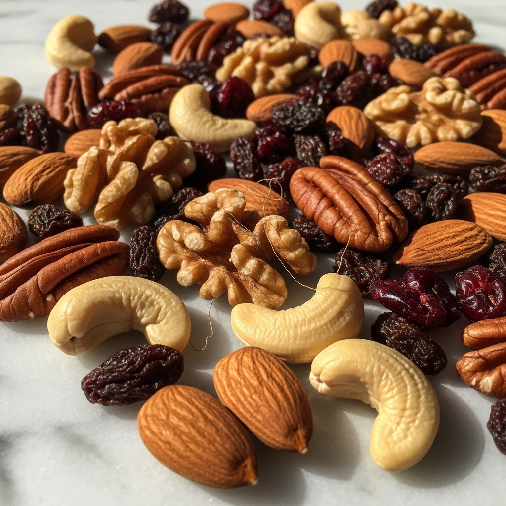 A close-up shot of fresh almonds, walnuts and other mixed nuts scattered on a marble surface with soft natural lighting, showing their natural textures