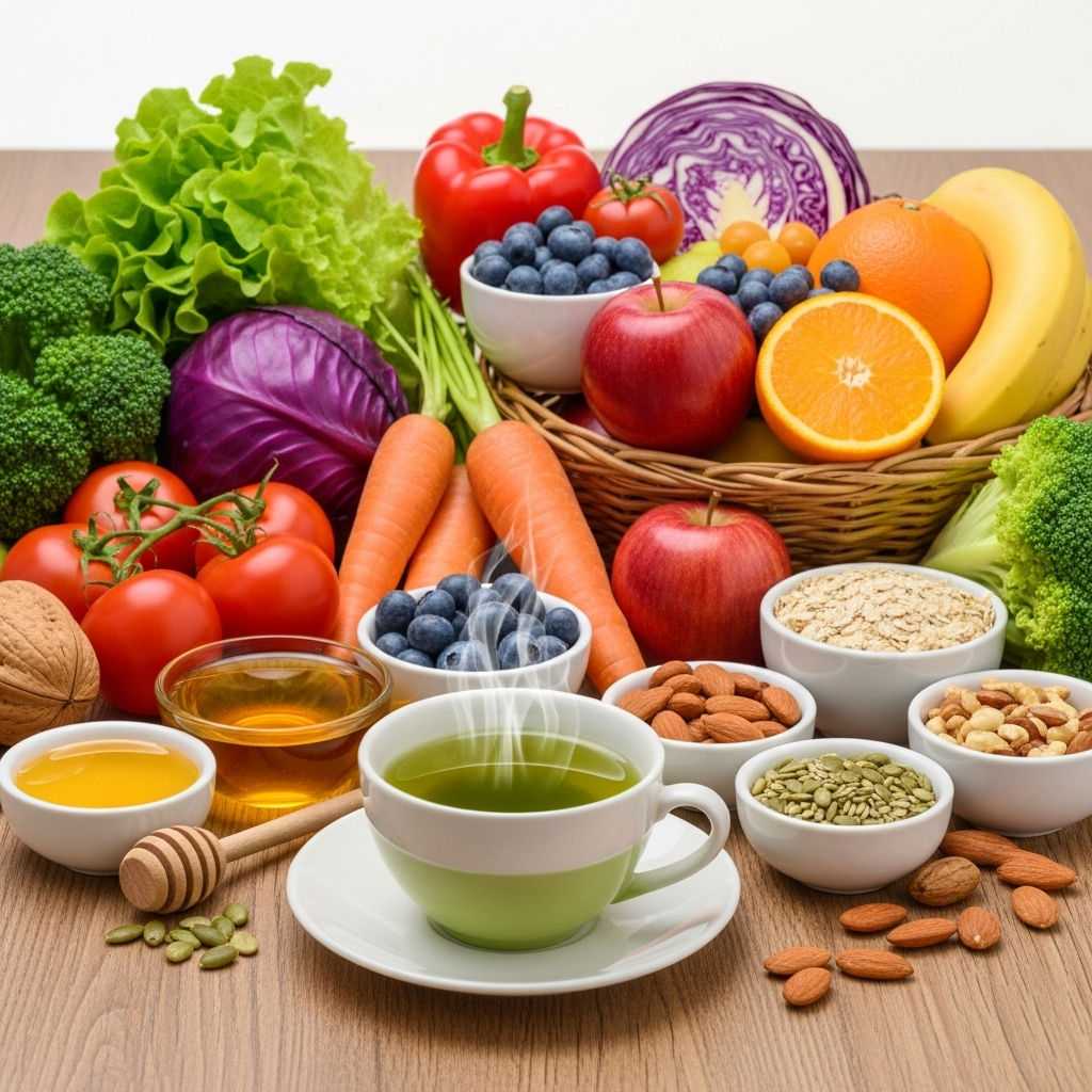 Fresh healthy foods including green tea, vegetables, fruits and natural ingredients arranged on a wooden table, bright natural lighting, clean and vibrant composition 금연 도움되는 음식 10가지 알고 건강하게 끊어보세요