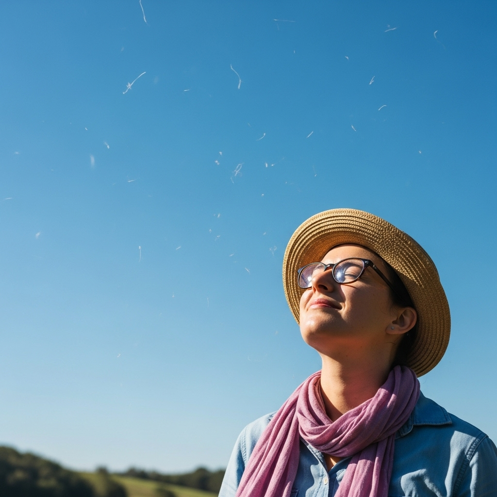 A person looking up at a bright blue sky, with subtle, transparent, worm-like or dot-like shapes floating in their vision, depicted in a soft, non-alarming way. Focus on natural light and a slightly blurred background to emphasize the visual floaters. 눈앞에 아지랑이? 비문증이 보내는 5가지 경고 신호