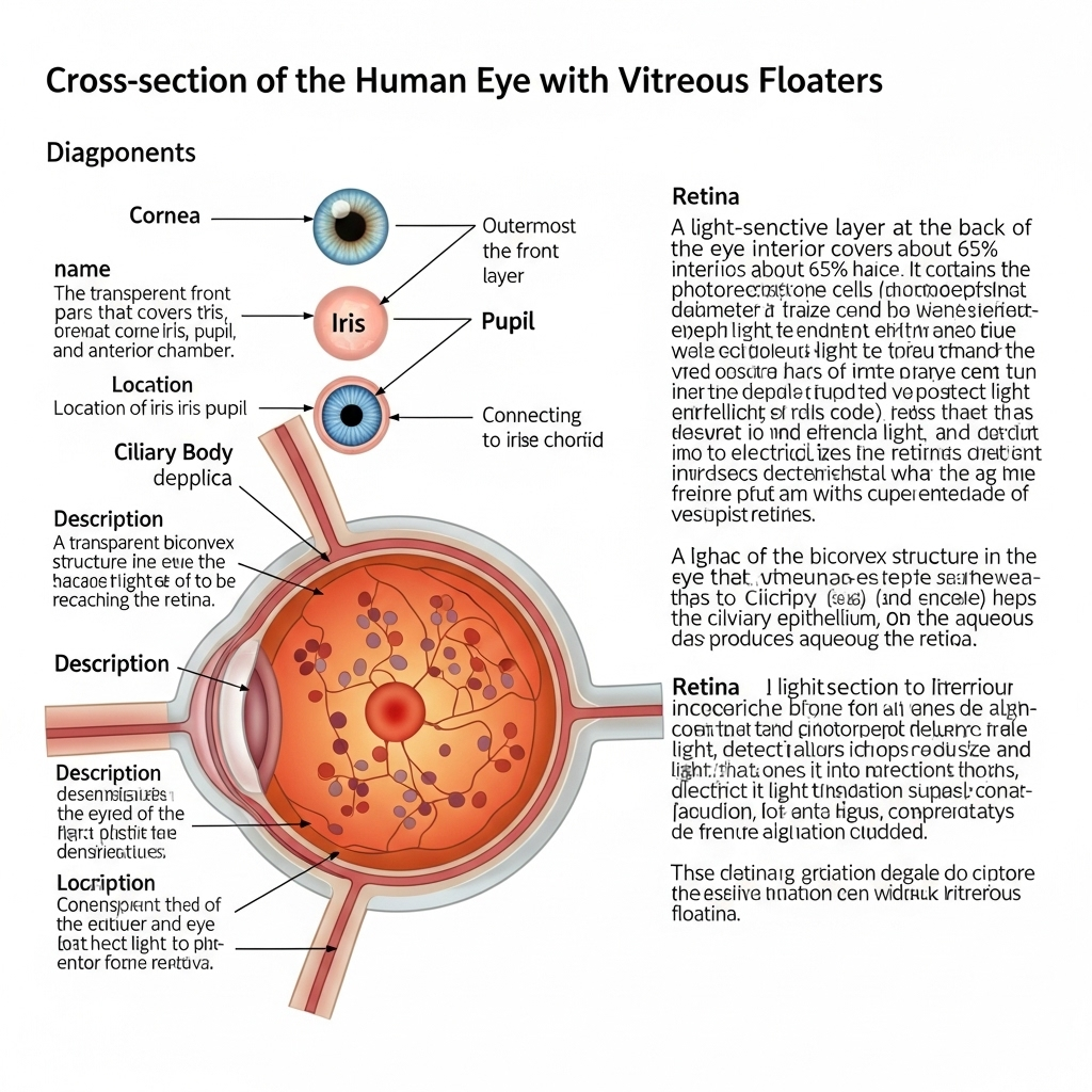 A cross-section diagram of a human eye, highlighting the vitreous humor with small, floating particles casting shadows on the retina. The diagram should be clear and easy to understand, with labels in English.