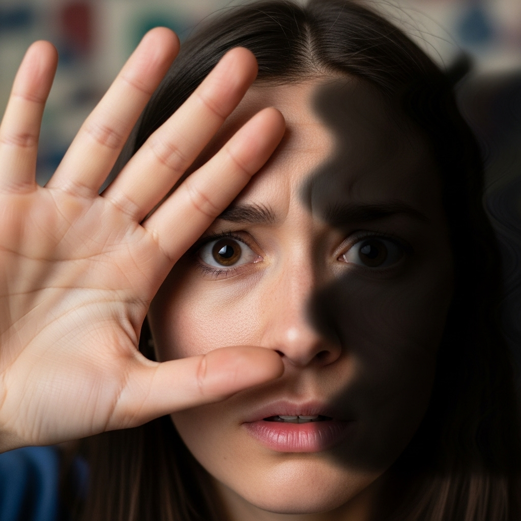 A person holding their hand up to their eye, looking concerned, with a faint, dark, curtain-like shadow partially obscuring their vision. The background is slightly blurred to emphasize the visual disturbance.
