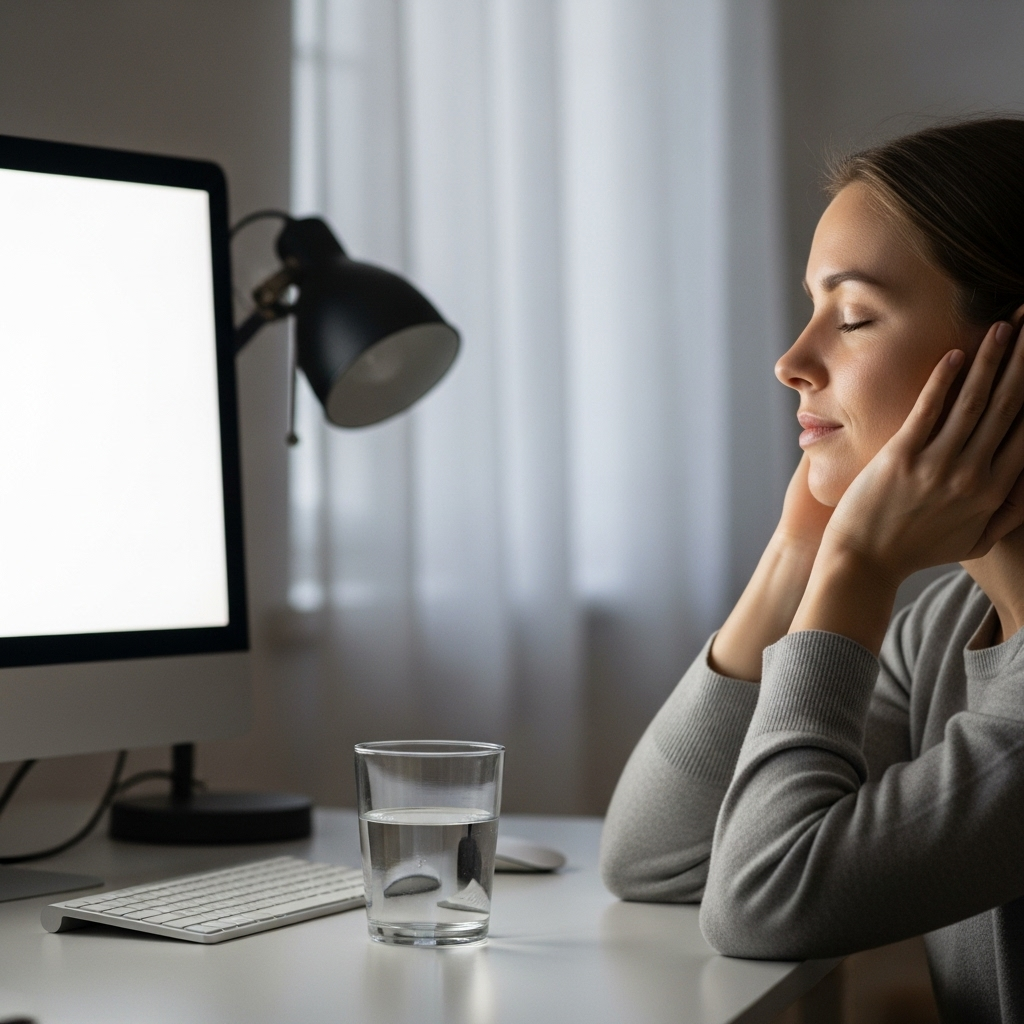 A person gently closing their eyes and resting, with a glass of water nearby and a blurred background of a computer screen. The scene conveys relaxation and eye care.