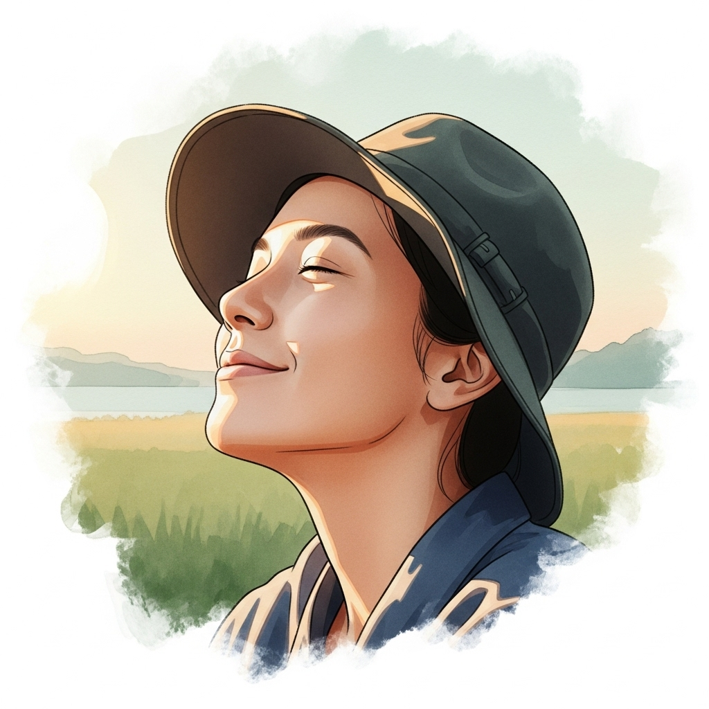 A calm, smiling person looking into the distance with a peaceful expression, as if having found comfort and acceptance. The background is soft and pleasant, indicating tranquility.