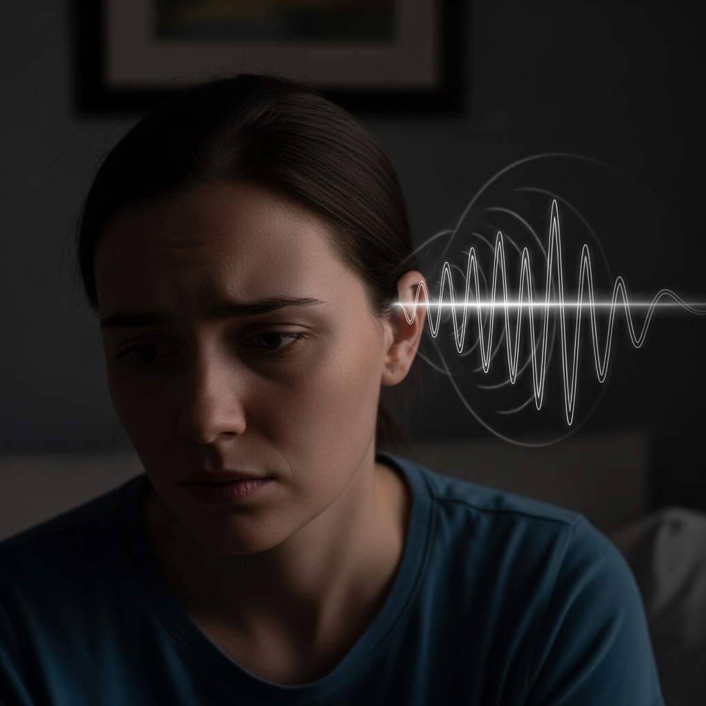 A person looking concerned, with subtle sound waves or lines emanating from their ear, in a quiet, slightly dark room. The atmosphere should be a bit thoughtful and introspective. No text in the image. 조용한데 귀에서 삐소리? 놀라운 이명 원인 5가지
