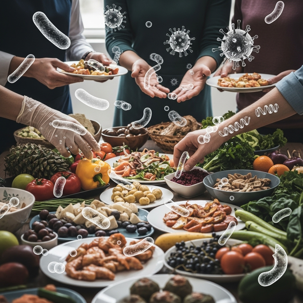 An illustration of various foods and hands, with bacteria and viruses clearly represented, symbolizing the most common causes of acute gastroenteritis.
