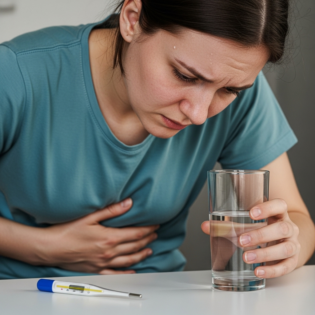 A person clutching their upper abdomen, looking visibly unwell, and holding a glass of water, with a fever thermometer and cold sweat visible.