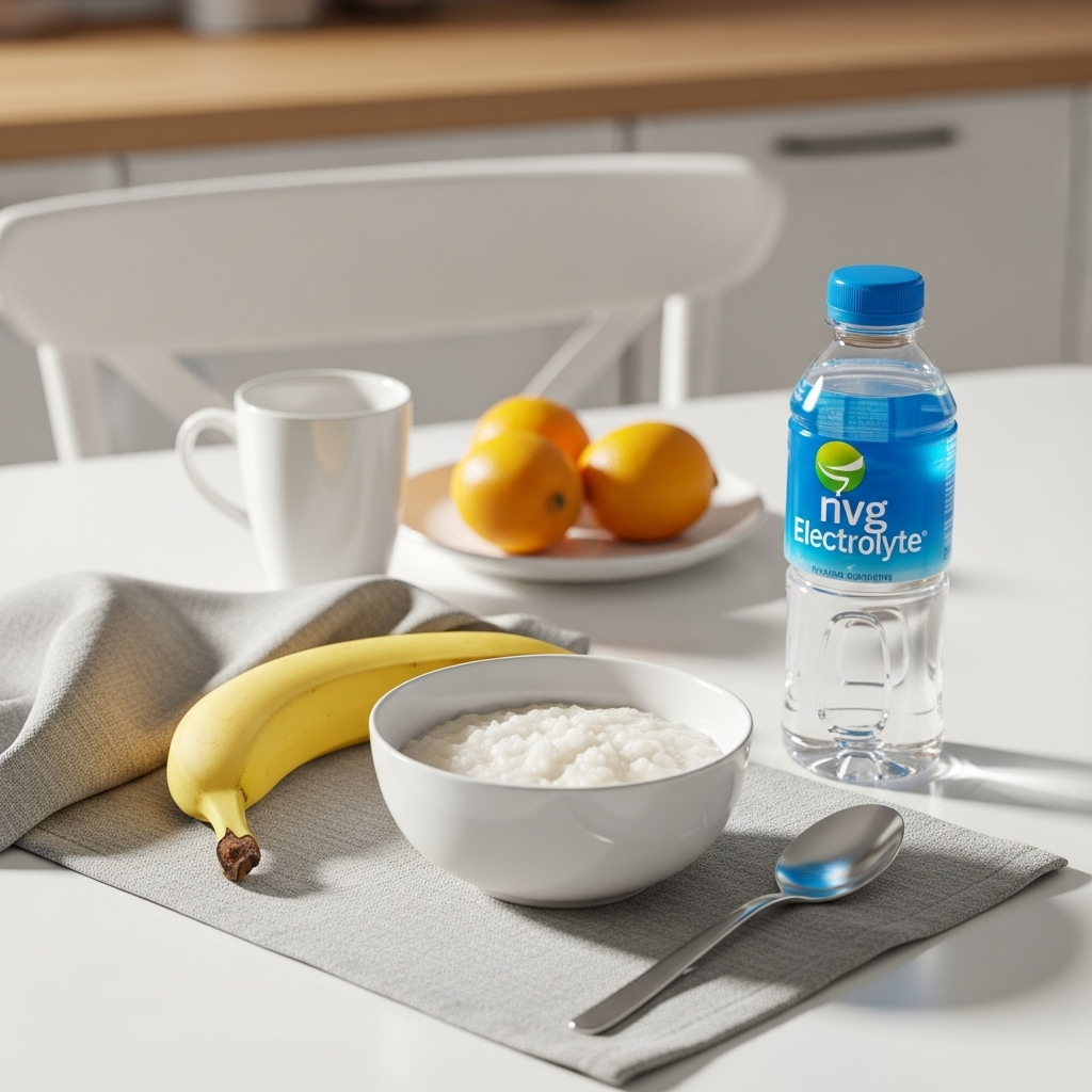 A clean kitchen table setting with a bowl of rice porridge, a banana, and a bottle of electrolyte drink arranged in soft daylight.