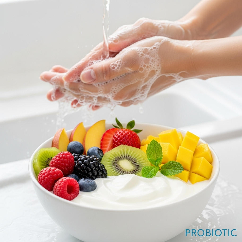 Brightly colored image of probiotic yogurt, fresh fruits, and a hand washing with soap, symbolizing health and hygiene.