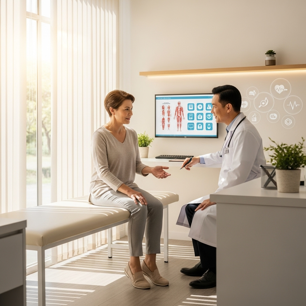 A peaceful medical consultation scene with a middle-aged person discussing with a friendly doctor in a bright, modern clinic setting, medical charts and health icons floating around 당뇨 초기증상 5가지 놓치면 안되는 신호들