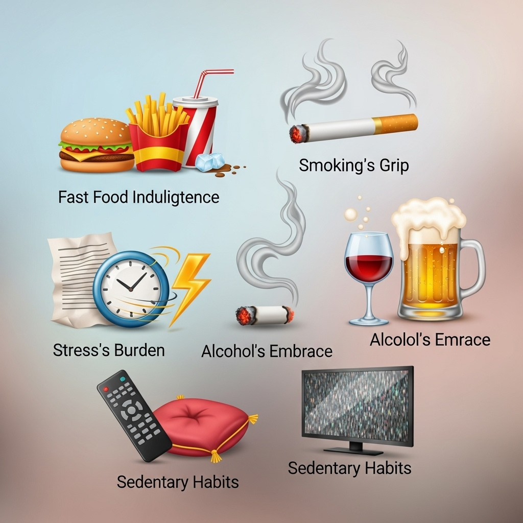 Various unhealthy lifestyle factors illustrated as floating icons - fast food, cigarettes, alcohol, stress symbols, and sedentary lifestyle elements on a soft gradient background