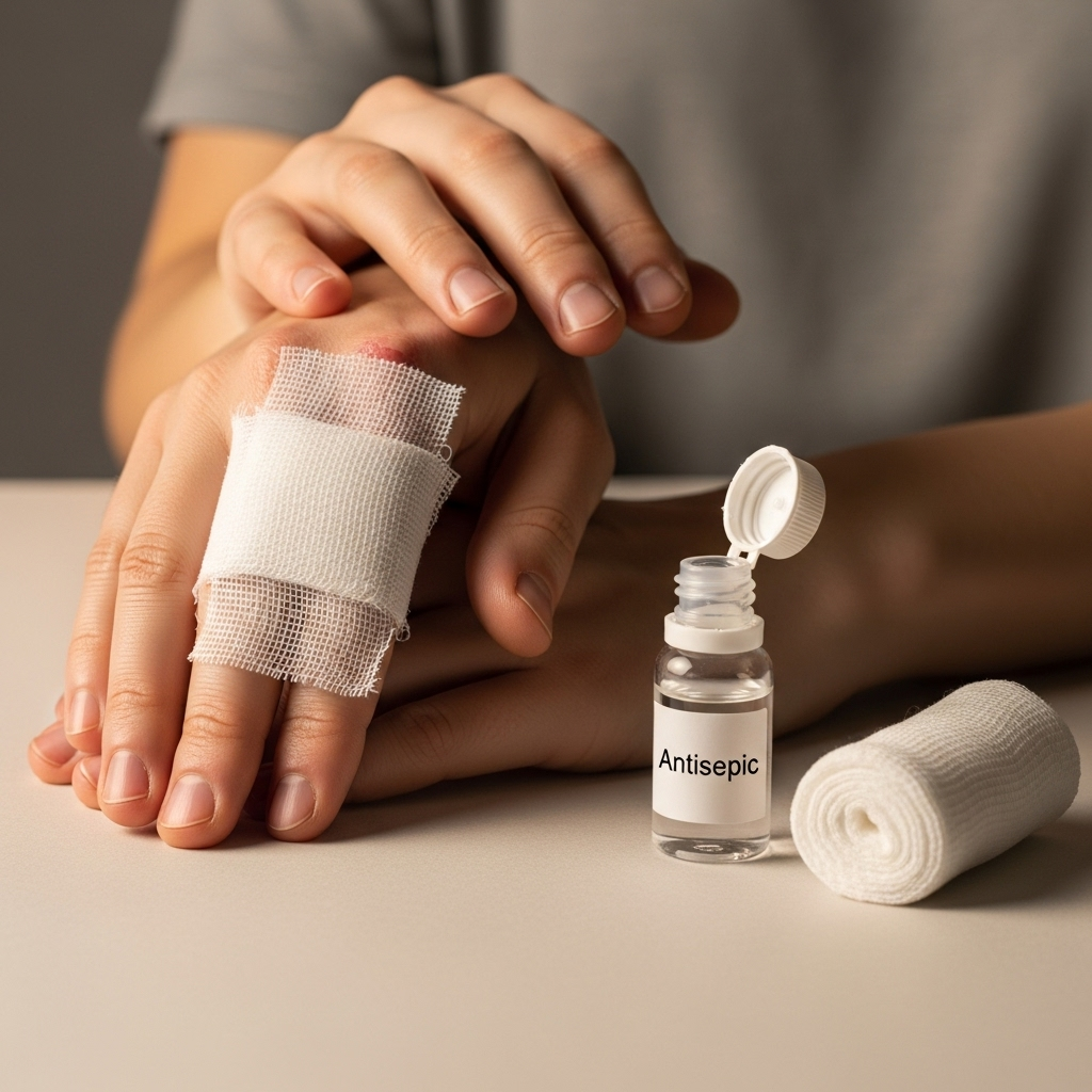 A close-up view of hands with a small bandage, showing slow healing process with medical care items like antiseptic and gauze nearby in soft lighting