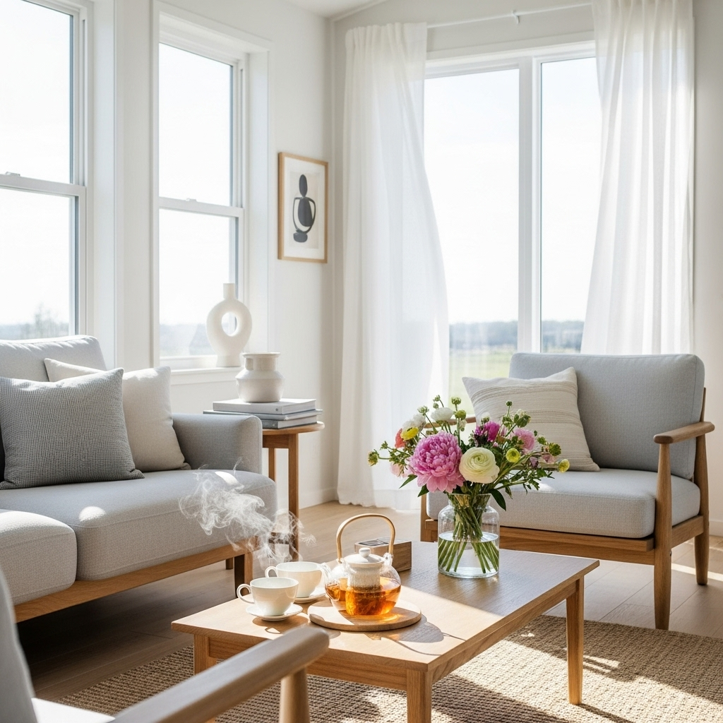 A clean, organized living space with herbal tea cups, fresh flowers, and no smoking materials visible, bright and airy atmosphere, minimalist interior design 금연 성공률 높이는 7단계 방법, 시간별 신체변화까지