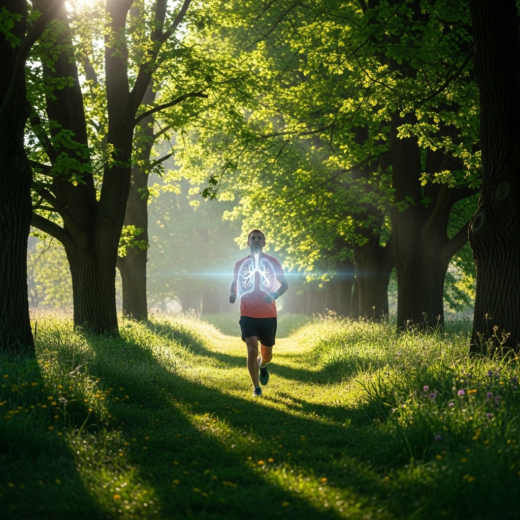 A person jogging outdoors with clear lungs illustrated, fresh morning air, vibrant green nature background, healthy and energetic mood, digital art style 금연 성공률 높이는 7단계 방법, 시간별 신체변화까지