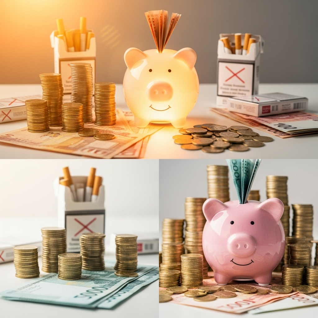 A piggy bank next to stacks of coins and bills, with cigarette packages crossed out, financial savings concept, bright and optimistic lighting 금연 성공률 높이는 7단계 방법, 시간별 신체변화까지
