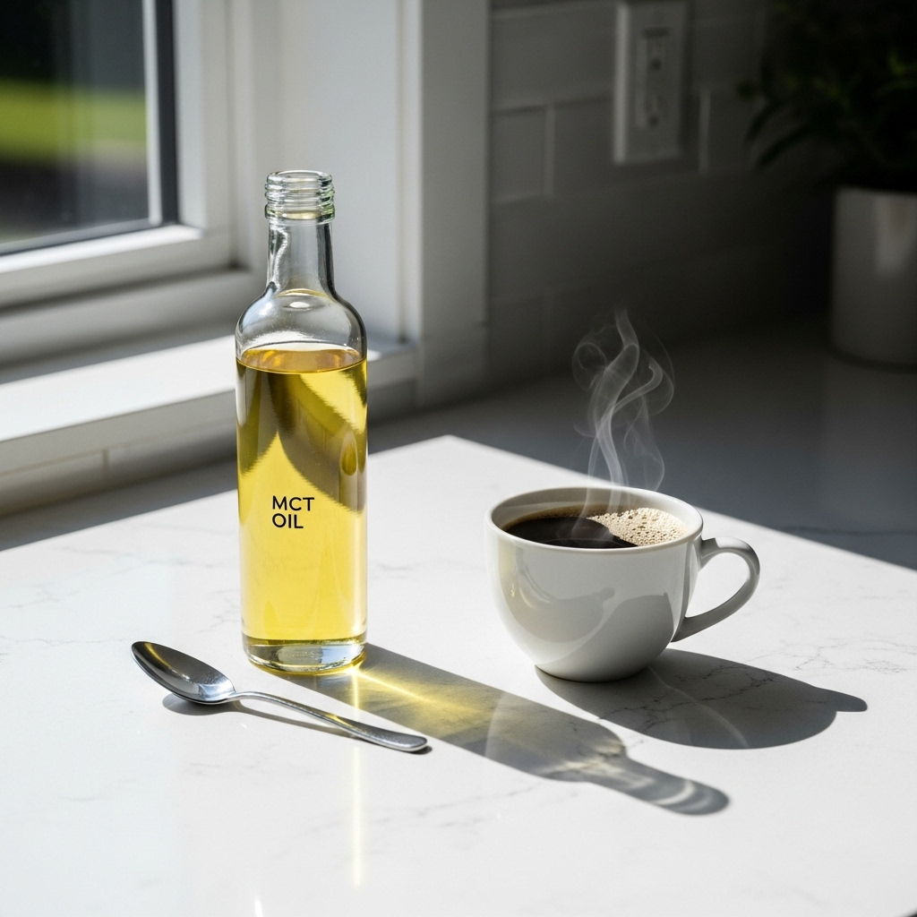 A vibrant and clean kitchen counter with a clear bottle of MCT oil, a small spoon, and a cup of coffee. The setting is bright, airy, and suggests a healthy lifestyle. No text on the image. 활력 충전! MCT오일효능 5가지와 똑똑한 섭취 팁