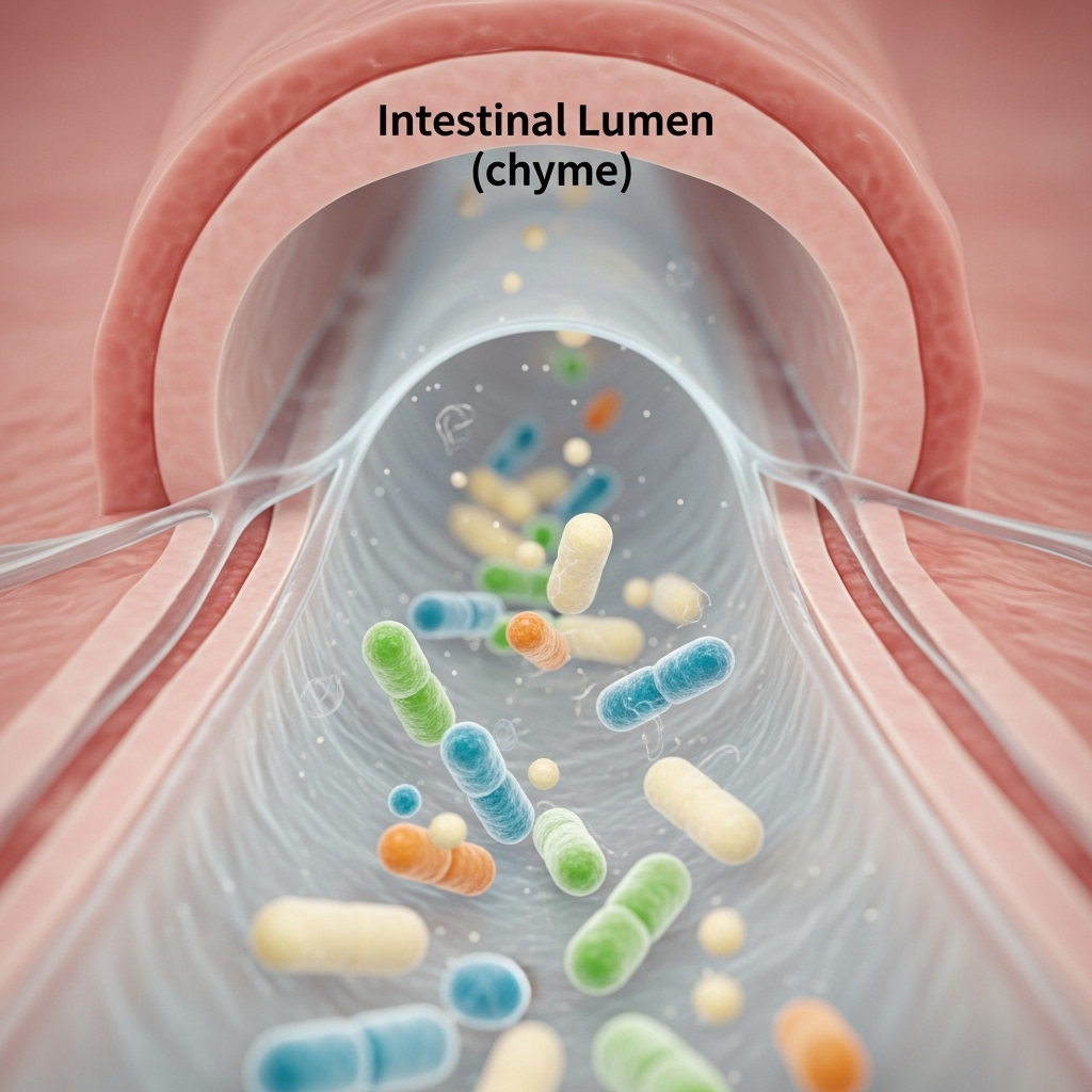 A cross-section diagram showing a healthy intestine with beneficial bacteria, depicted in a bright and scientific yet approachable style. No text on the image.