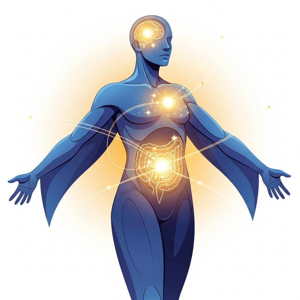 A stylized illustration of a human body with glowing points around the gut and brain, symbolizing improved health and energy from within. The overall impression is one of well-being. No text on the image.