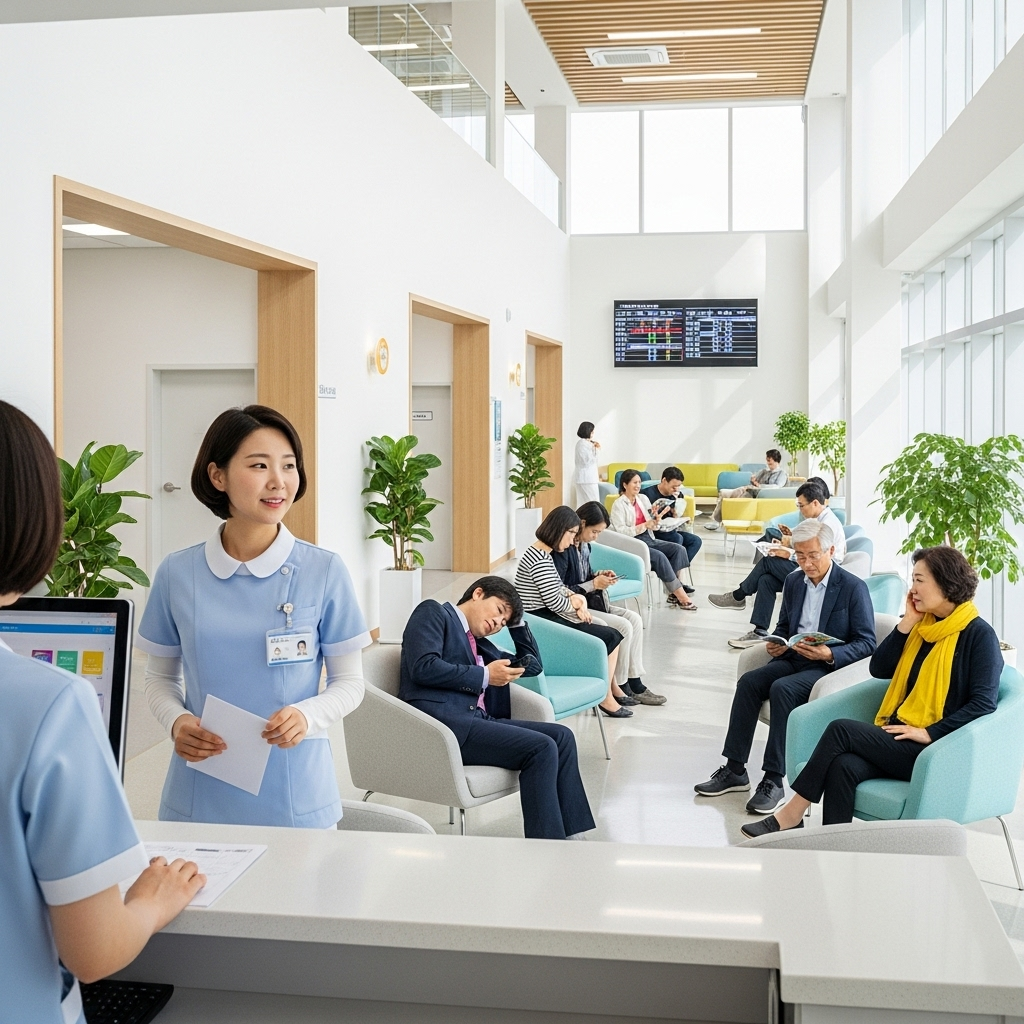 a clean health clinic interior, nurse holding a paper form, people waiting, modern bright Korean public health center, no text 보건증 검사 항목 총정리와 2025 온라인 발급 꿀팁
