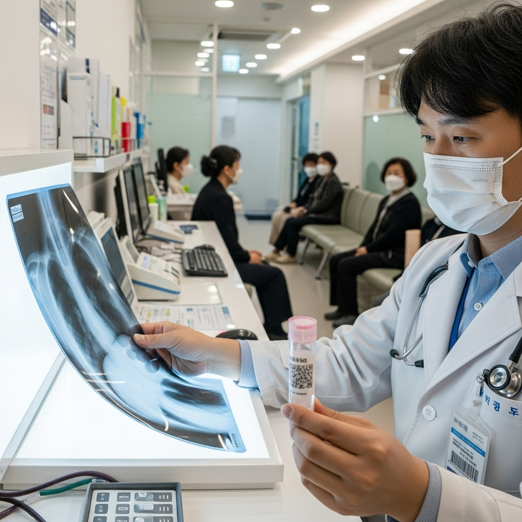 a doctor in a Seoul clinic using x-ray machine and blood test vials, people wearing masks, clean and organized setting, no text 보건증 검사 항목 총정리와 2025 온라인 발급 꿀팁