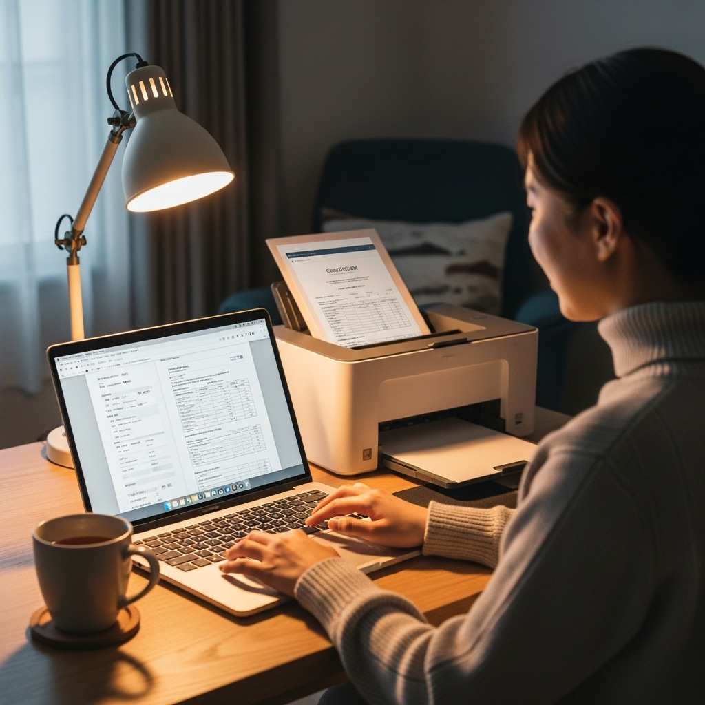 a Korean woman at home printing out a certificate from a laptop, cozy atmosphere, health documents visible on screen, no text 보건증 검사 항목 총정리와 2025 온라인 발급 꿀팁