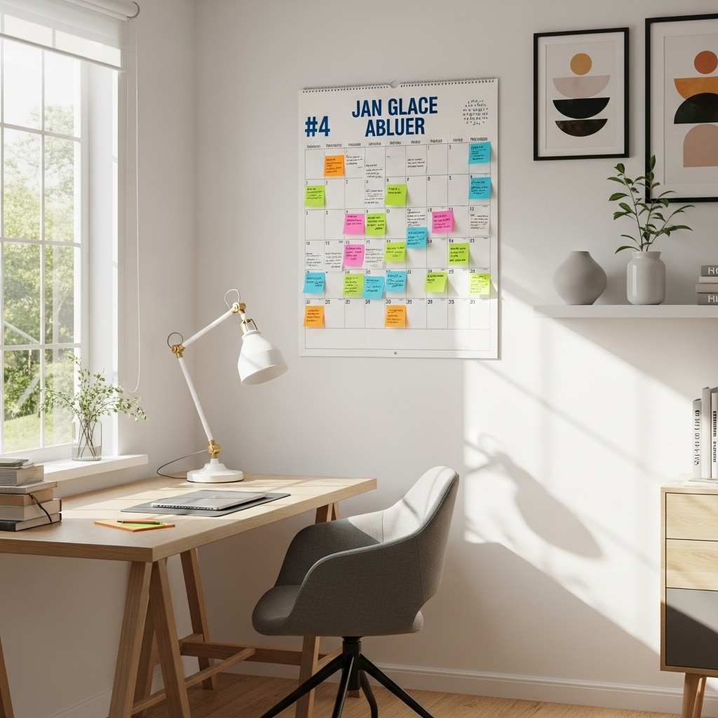 wall calendar marked with one year, sticky notes with reminders, bright home office, modern style, no text 보건증 검사 항목 총정리와 2025 온라인 발급 꿀팁
