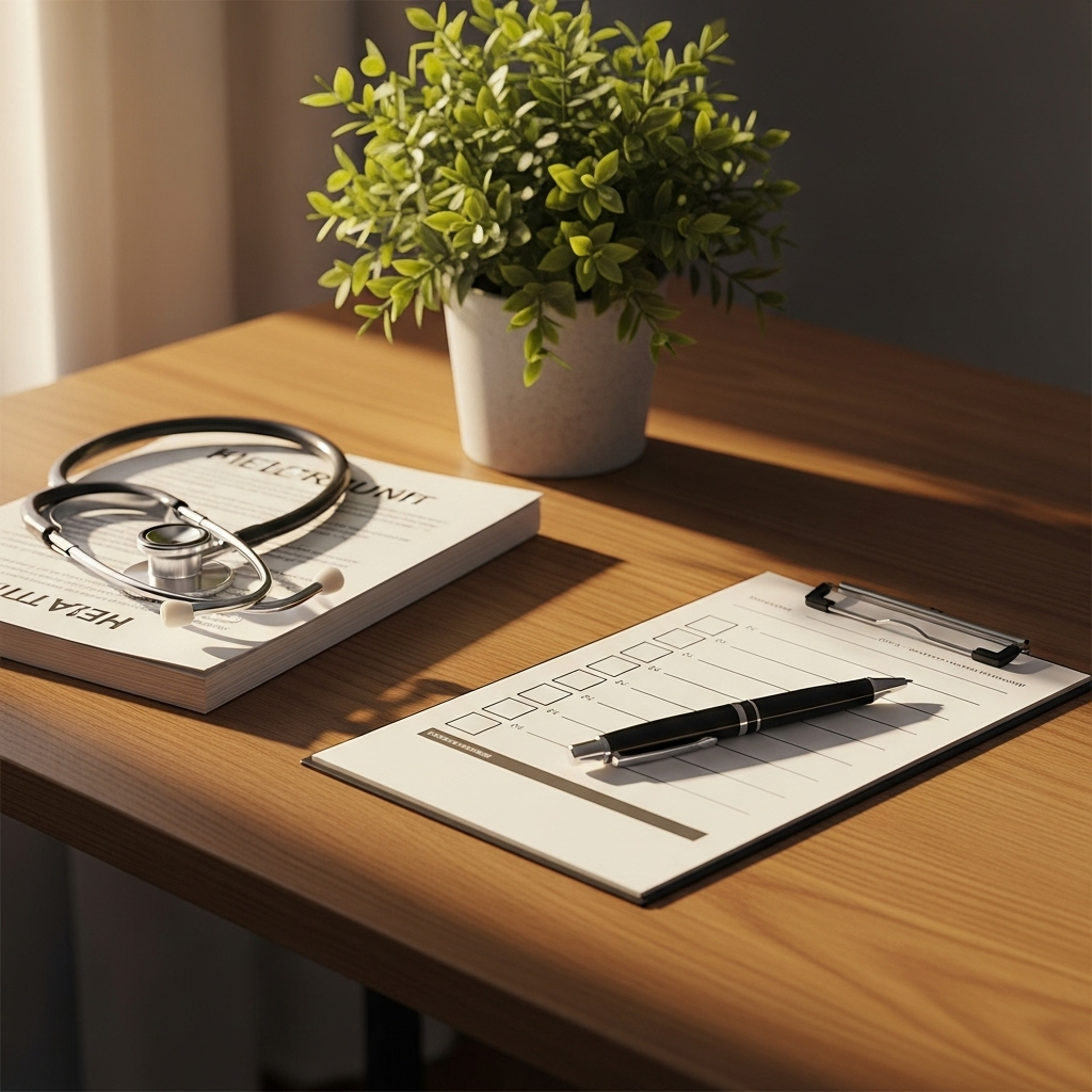 a checklist and pen on a wooden desk, health documents, a stethoscope, small potted plant, morning light, no text 보건증 검사 항목 총정리와 2025 온라인 발급 꿀팁