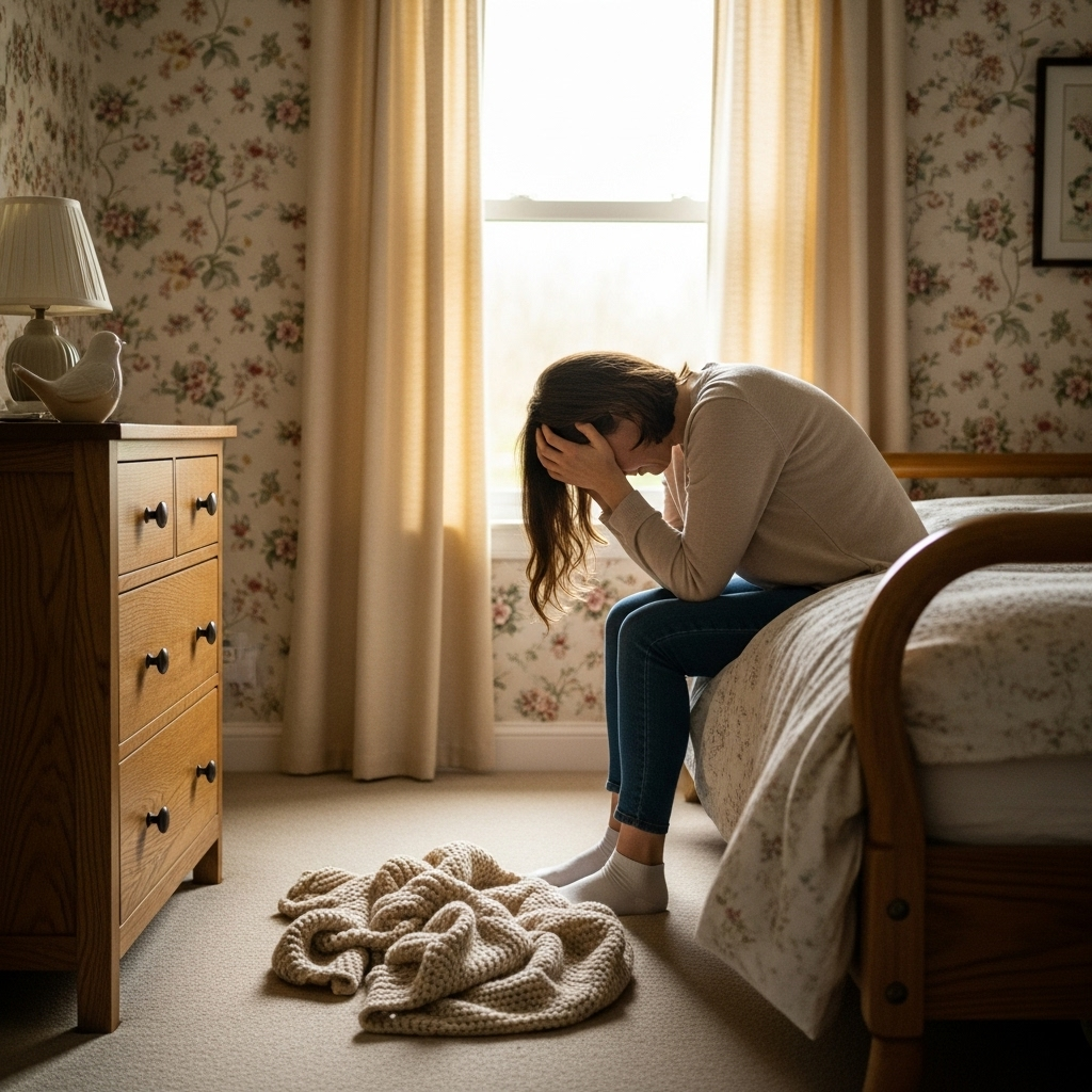 A worried woman sitting on her bed, holding her head, as the room around her appears to swirl, symbolizing vertigo. The setting is a cozy bedroom in natural morning light. 이석증 증상, 갑작스러운 어지럼증이 반복된다면 꼭 알아야 할 5가지