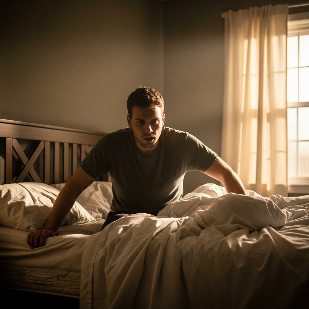 A middle-aged man trying to sit up from bed, with subtle motion blur showing disorientation; sunlight filters through a window.