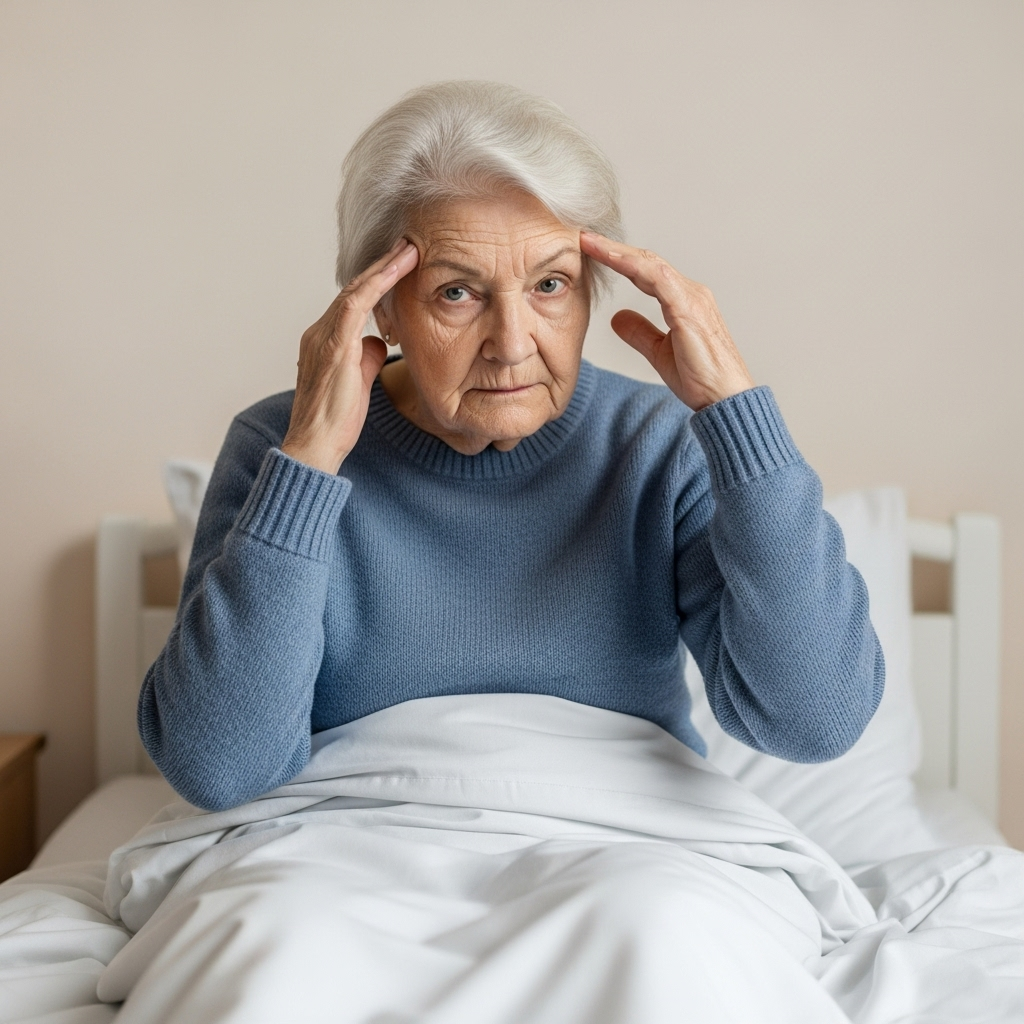 An elderly woman carefully sitting up in bed while looking cautious, with her hand supporting her head for balance.