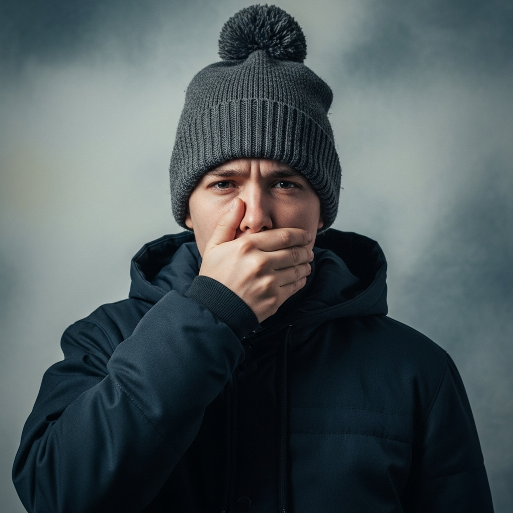 A person covering their mouth, looking nauseated, the background slightly blurred to convey dizziness and discomfort.
